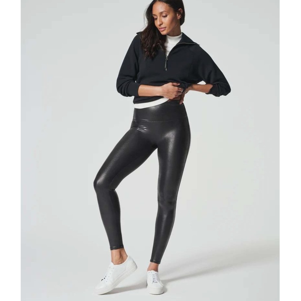 SPANX Faux Leather Leggings 1X Women Black High‎ Rise Shaping Moto Look